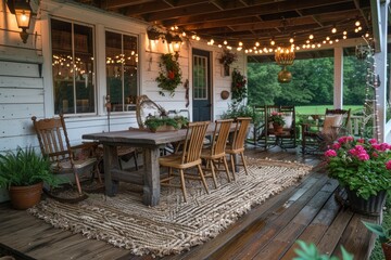 Garden outdoor dining area with wooden chairs and table professional photography
