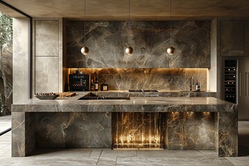Sleek Marble Modern Kitchen: Wine Fridge, Waterfall Island, Minimalist Lights