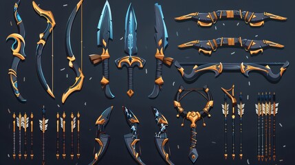 Bows and arrows for rpg game shops, modern medieval archery ui or gui design elements. Cartoon graphic archer fantasy weapon, different designs of crossbows.