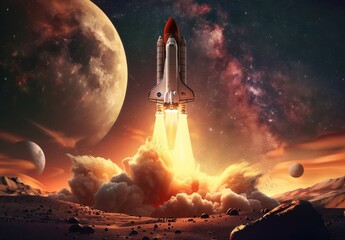 A new shuttle rocket blasts off to explore space against Mars backdrop, symbolizing tech and interplanetary travel. Spaceship lift-off