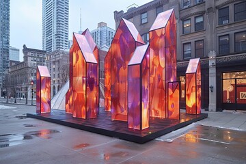 Luminous Pyramidal Art Gallery: Dynamic Color-changing Panels for Immersive Experience - obrazy, fototapety, plakaty