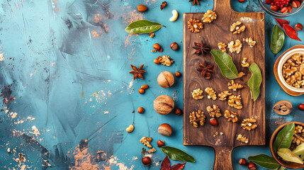 Board with delicious churchkhela and walnuts on blue b