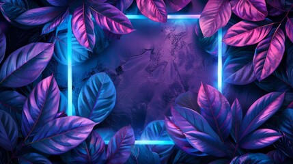 tropical leaves, featuring a striking color combination of neon blue and purple, enclosed in a rectangular frame