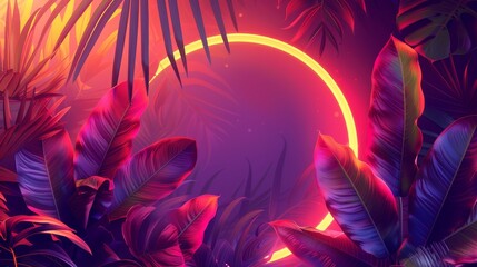 A crescent frame design featuring an abstract neon background with tropical leaves