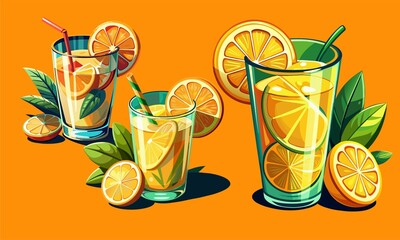 Raster image of stylized lemonade glasses set against a colorful background, ideal for summer and refreshing drink themes.