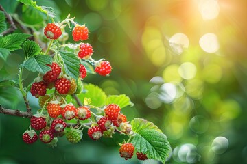 Obraz premium raspberry bush basking in sunlight, adorned with clusters of ripe and ripening berries, a perfect symbol of natural abundance and summer freshness