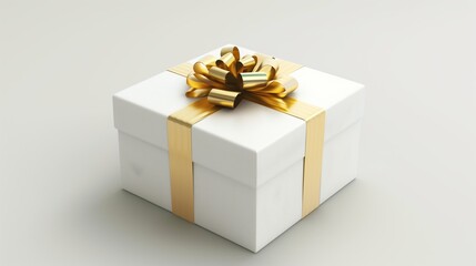 White gift box with golden ribbon on grey background