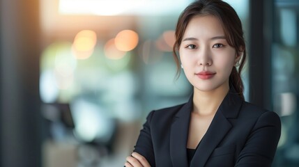 Fototapeta premium Portrait of korean bussineswoman on blured office background