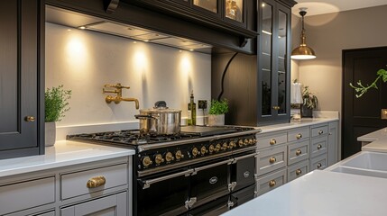 A kitchen blending old-world charm with modern luxury, featuring a classic, Aga cooker amidst sleek, quartz worktops and hand-painted.