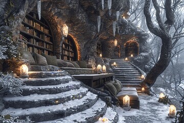 Glowing Crystal Cave Library: Ancient Scripts Adorned Walls