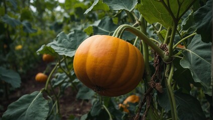 A ripe butternut squash on a vine