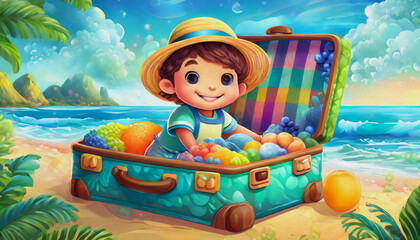Naklejka premium oil painting style CARTOON CHARACTER CUTE kids illustration of beach in travel suitcase, spring break concept,