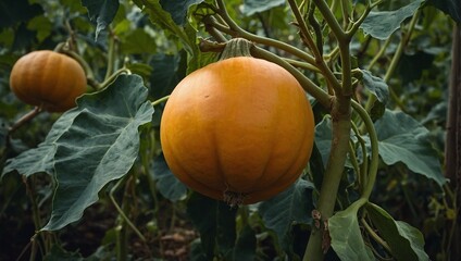 A ripe butternut squash on a vine