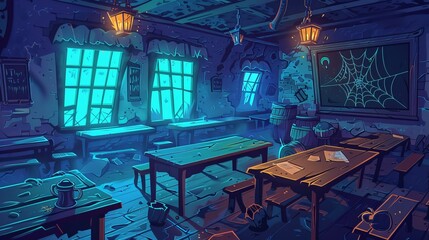This cartoon cartoon illustration shows an abandoned magic school with broken furniture, cracked walls, wooden desks and spiderwebs on a blackboard with chalk writing, crushed cauldron and crushed