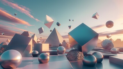 A landscape of geometric shapes, where cubes, spheres, and pyramids rendered in matte and metallic finishes float against a gradient sky.