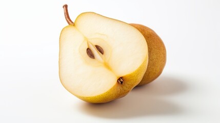 a sliced pear, highlighting the contrast between its textured skin and the soft, juicy interior with visible seeds, set against a white background.