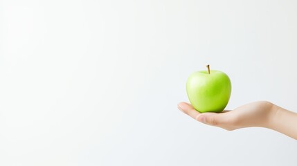a hand holding a bright green apple against a white background
