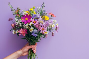 hand holding a lush bouquet of colorful flowers including roses, lilies, and daisies against a bright backdrop