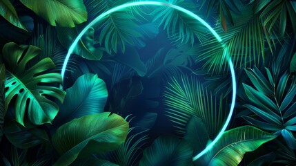 A striking abstract neon background adorned with tropical leaves and a circular frame