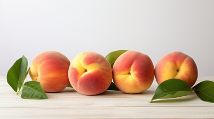 four ripe peaches with a red and yellow hues fresh green leaves, set against a light plain background on a smooth wooden surface.