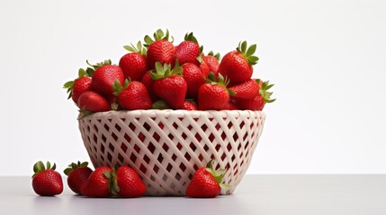 a ceramic bowl full of ripe strawberries, with a few scattered around, set against a light background.