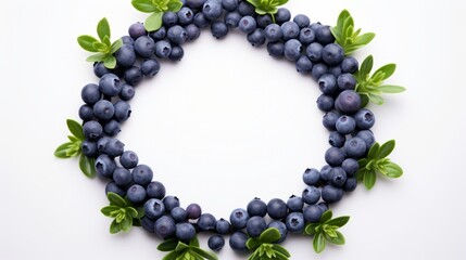 a circle of fresh blueberries and green leaves on a white background