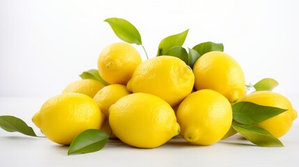A group of fresh, bright yellow lemons with green leaves against a white background
