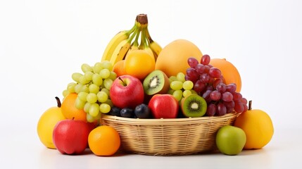 fresh fruits in a wicker basket, highlighting a variety of colors and shapes against a white background.