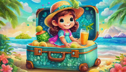 oil painting style CARTOON CHARACTER CUTE kids illustration of beach in travel suitcase, spring break concept,