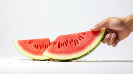 a hand holding a juicy slice of watermelon, with seeds and juice scattered on white table