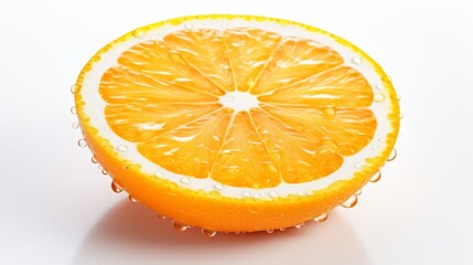 a vibrant close-up of a juicy, sliced orange with water droplets, emphasizing its bright color and texture against a white background.