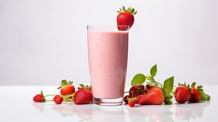 a strawberry smoothie in a tall glass, garnished with a strawberry, surrounded by scattered strawberries and green leaves on a reflective surface.