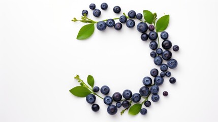 a collection of fresh blueberries with green leaves and stems, arranged in a circular pattern on a white background