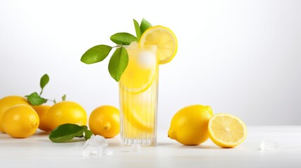  lemonade in a glass, with ice and lemon slices, surrounded by whole lemons and green leaves on a white backdrop