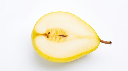 a close-up of a halved pear, highlighting its juicy texture, yellow skin, and seed core against a white background