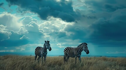 Portrait of two zebras in the wild under a bright blue sky - Powered by Adobe
