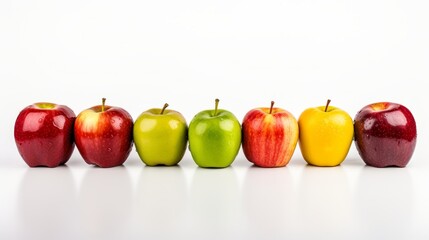 Seven colorful apples in a row against a white background