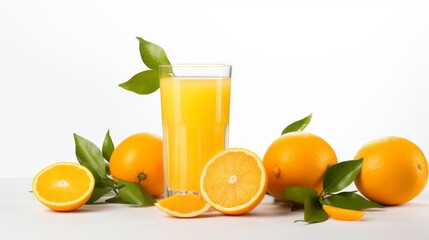 A glass of orange juice surrounded by ripe oranges and green leaves on a white background