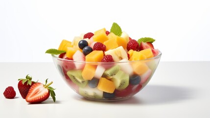 clear glass bowl of fresh fruit salad with strawberries, kiwis, blueberries, raspberries, and mint leaves on a white background