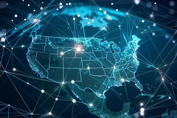 Naklejka premium Abstract US Map with Cyber Connections and Dots: Global Network Connectivity in North America