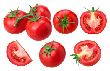 bunch of fresh red tomatoes, half and slices tomatoes isolated, transparent PNG, PNG format, cut out