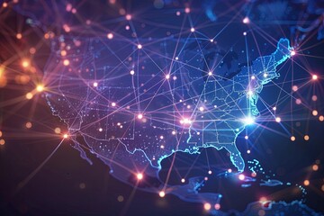 Fototapeta premium Digital Fusion: Abstract US Map with Cyber Connections Through Glowing Lines and Dots