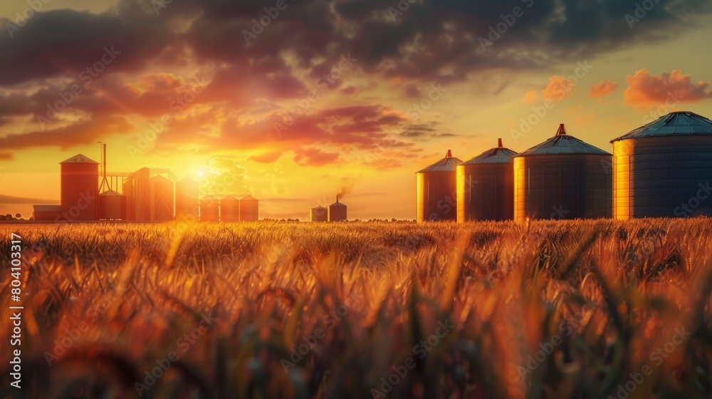 Poster a field of grain with a sunset in the background