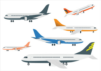 Passenger and cargo airplane isolated vector illustration. Airplane side view illustration. Modern types of airplane. Set of aircraft. Realistic aircraft. Passenger airplane in different views.
1310