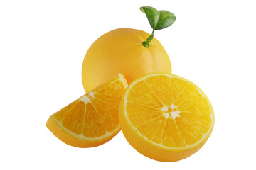 sweet and fresh whole and sliced oranges with leaf  realistic 3d render illustration element composition cutout isolated background