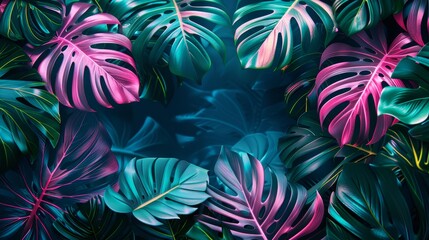 tropical leaves, with a vibrant color palette of neon green and pink