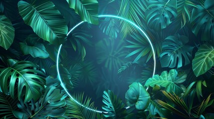 An abstract neon background with tropical leaves and a circular frame