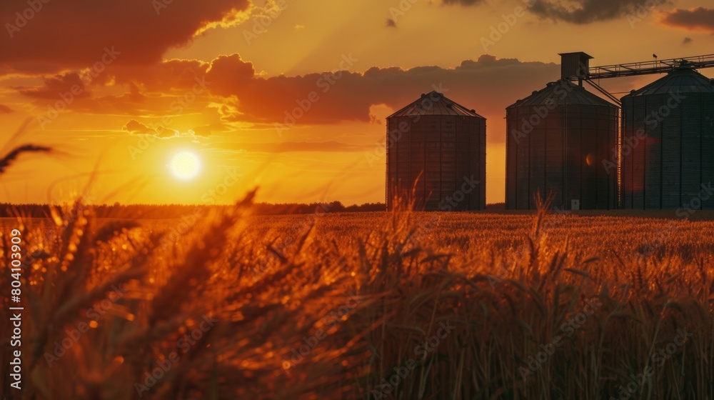 Poster a field of golden wheat with two silos in the background