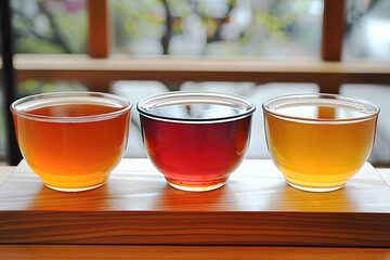 Three glasses of tea on wooden table. In one glass is green tea, in another is red tea, and in the third is herbal tea