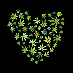 Green cannabis heart on black background, green leaves Hand drawn watercolor illustration, medicine herb plant